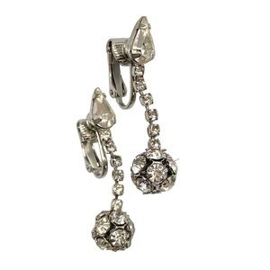 Vintage 50s Rhinestone Earrings Drop Clip On Dangle Pear Teardrop Disco Ball